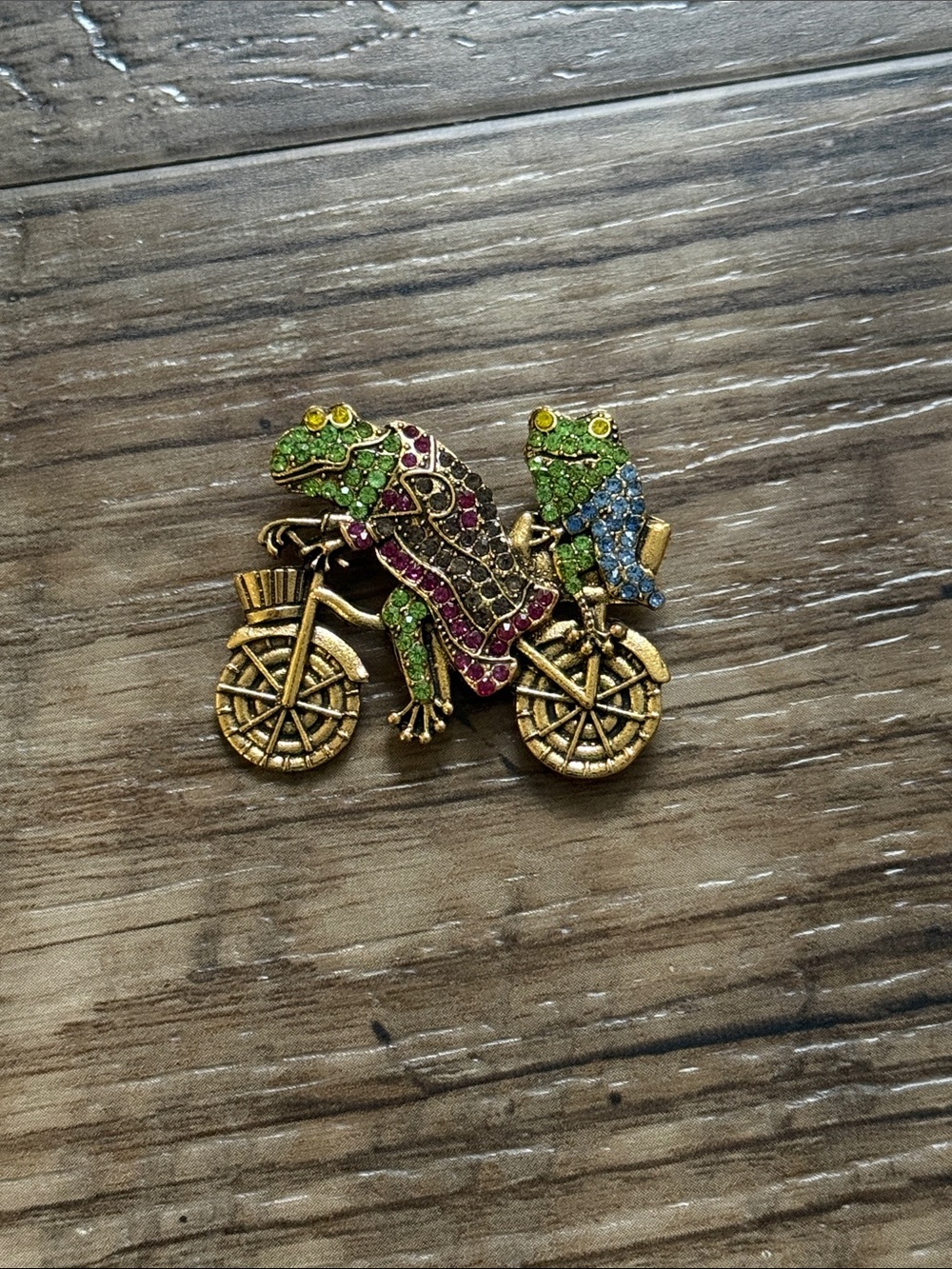 Gold-Tone Frog Bicycle Brooch with Green, Purple & Blue Rhinestones